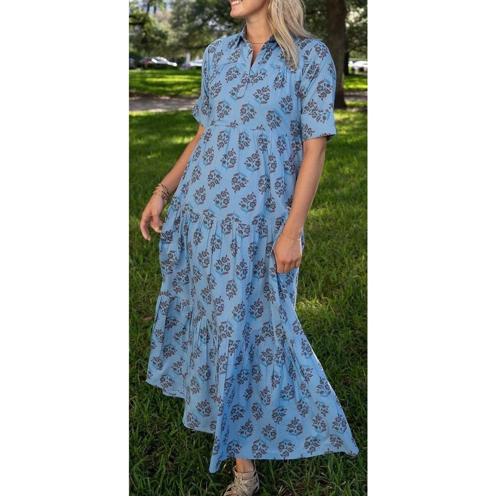 Blue Floral Maxi Dress with Short Sleeves